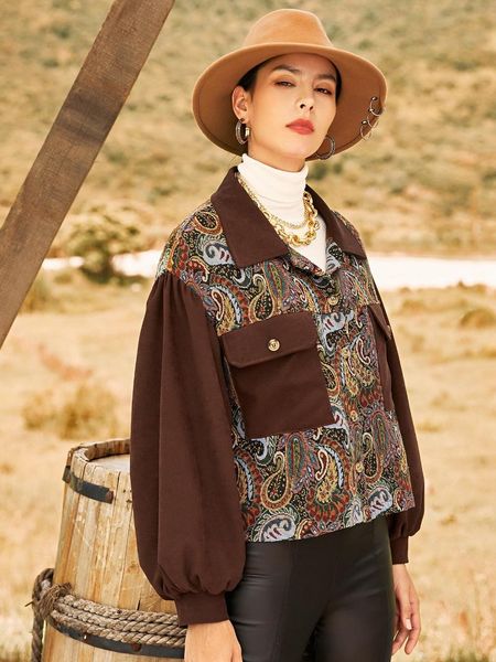 

women's jackets 2021 autumn/winter collection woman clothing crop outwear tribal ethnic pattern color-block puff sleeve dual pocket jac, Black;brown