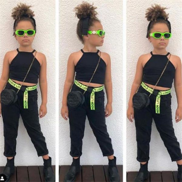 

clothing sets girls three-piece clothes set black solid color camisole pants and letters pattern waistband summer outfit 1-6 years, White