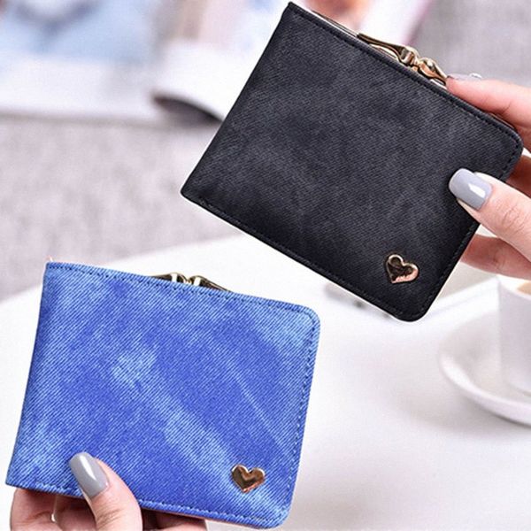 

2019 newly fashion multicolor imitation denim short wallet two fold small fresh personality coin purse h66 z94x#, Red;black