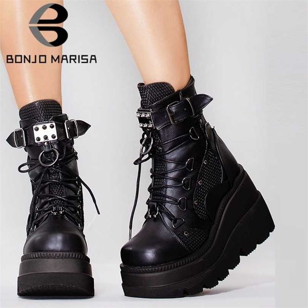 Bonjomarisa Marca Plataforma Designer goth Cool Motorcyle Mulheres Botas Punk Street Zipper Elastic Band Black Ladies Shoes 211104