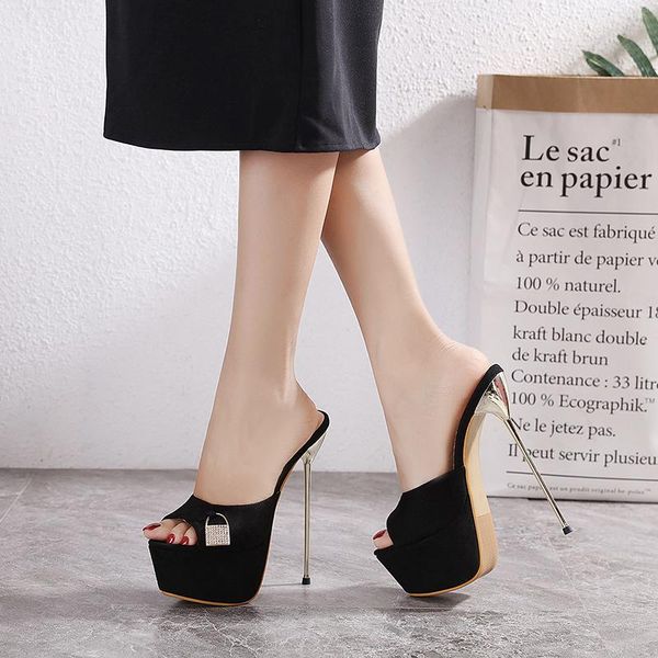 

sandals 16 cm slim heel women slipper shoes high size 34-40, Black