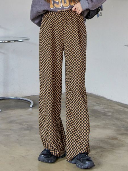 

dazy checkered print elastic waist pants 88hf#, Black;white