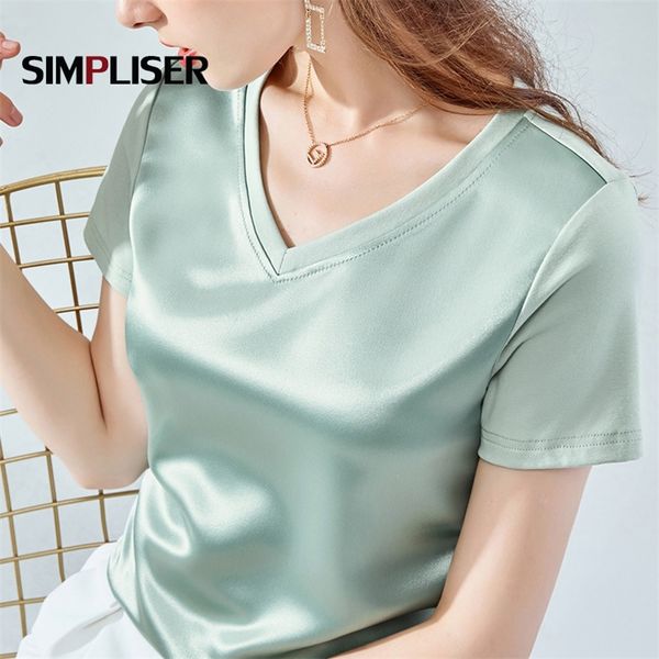

satin t-shirts women summer loose cotton tees artifical silk lady clothes purple tee shirts femme red 210306, White