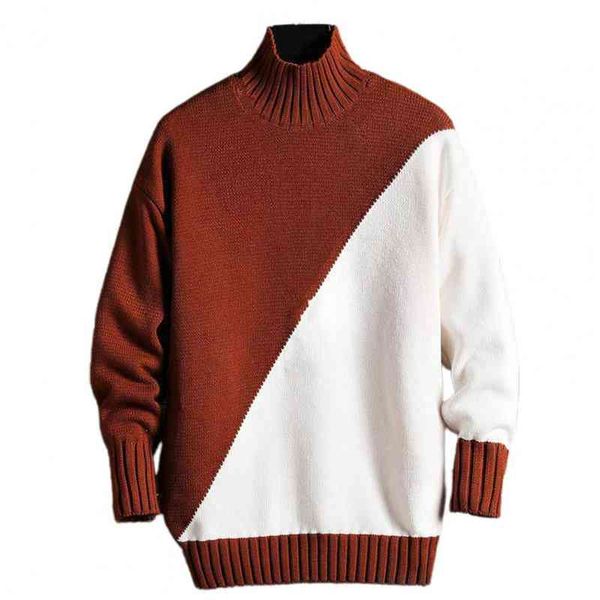 

men contrast colors high collar long sve loose winter sweater for daily wear, White;black