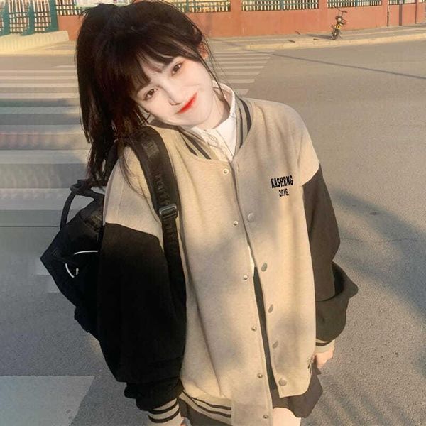 

women's trench coats guochao brown retro american baseball jacket, Tan;black