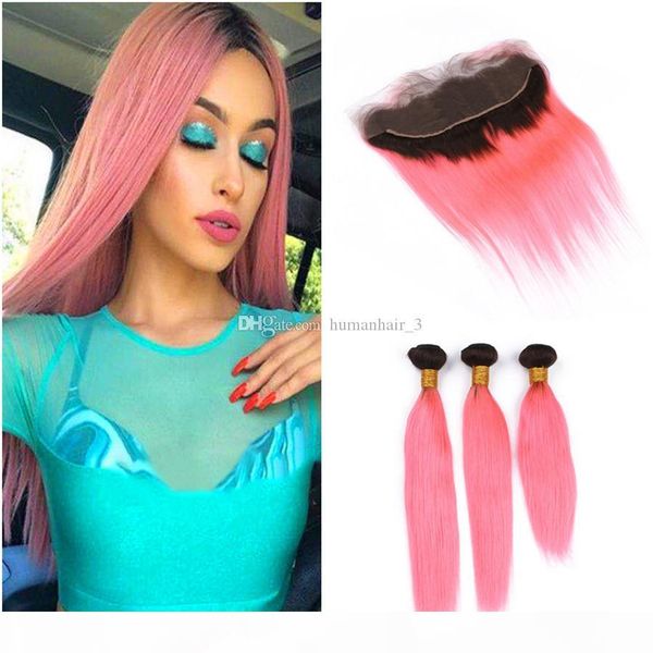 

ear to ear 13x4 lace frontal closure with hair bundles silky straight 1b pink ombre brazilian virgin human hair with full lace frontal, Black;brown