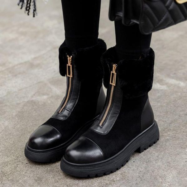 

boots fanyuan snow warm women ankle fur casual flats round toe shoes botas footwear, Black