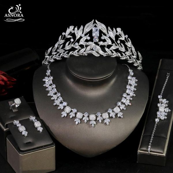 

earrings & necklace elegant jewelry 5pcs women's cz wedding party bracelet ring crown dubai set,asnora bridal headwear, Silver