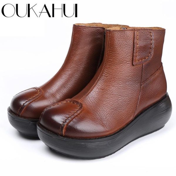 

boots oukahui autumn vintage casual genuine leather flat platform women shoes winter warm heighten ankle short for, Black