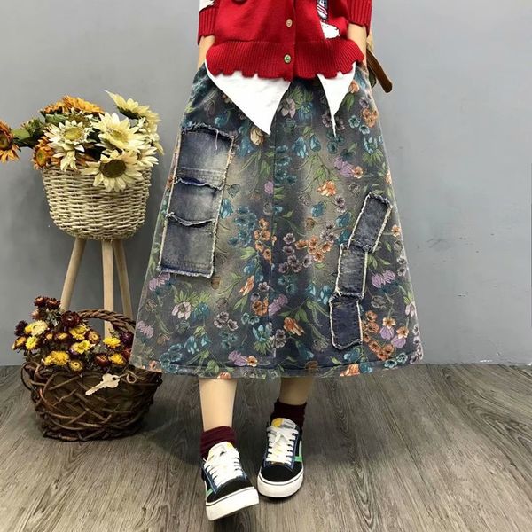 

vintage floral denim skirt large size women retro loose skirts casual elastic waist patchwork jeans womens skirt 2021 11844, Red