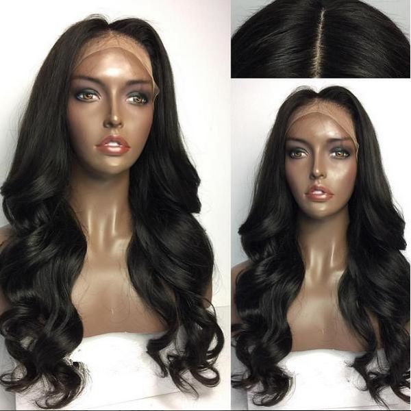 

large stock human hair full wigs black color 20inch middle part loose wave lace front wig ing, Black;brown