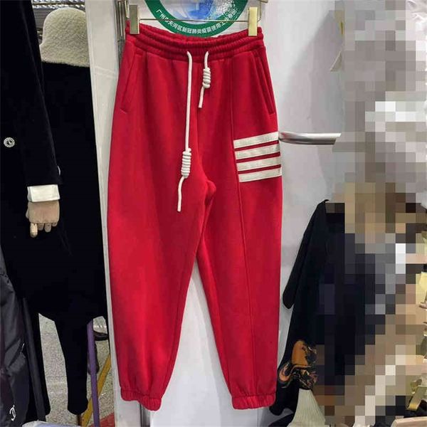 

2022 early spring new niche design fashion trend elastic waist versatile slim and plush white bar guard pants women, Black;white