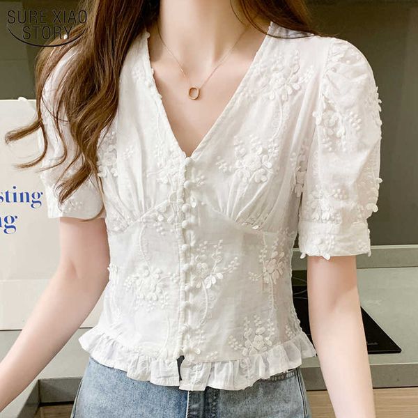 

summer lace women casual sweet appliques shirt fashion women blouse vintage high waist short sleeve v-neck puff sleeve 210527, White