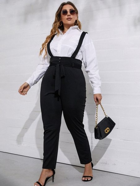 

plus solid belted suspender jumpsuit without blouse c9bf#, Black