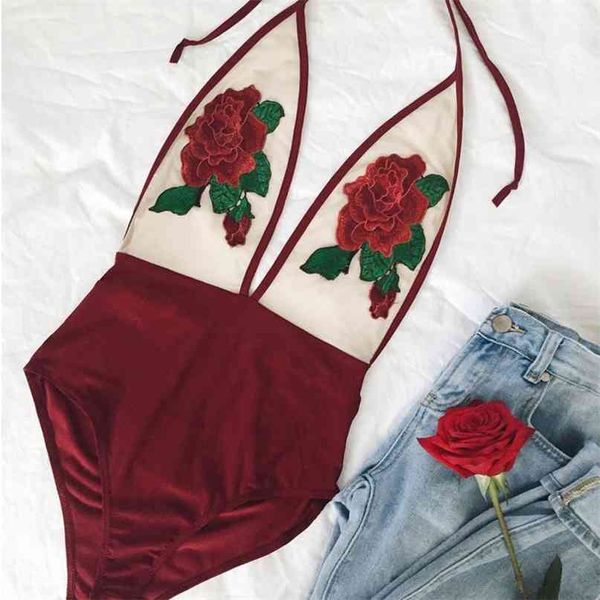 Sexy Rose Bordado Macacão Ver através da praia Bodysuits Mulheres Alongamento Halfsuit Halter Swimsuit Vinho tinto 210607