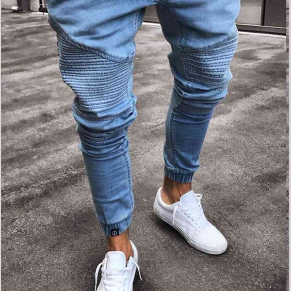 

fashion jeans 2021 hole drum elastic with rubber band ankle, Blue