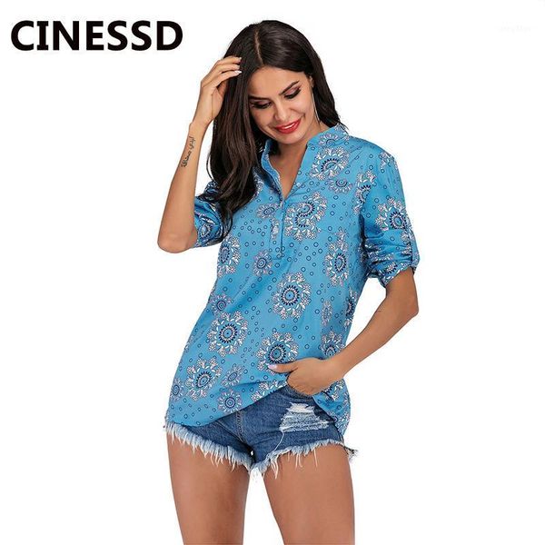 

neck women print casual blouse blue long sleeves pullover tunic loose button pocket tee shirts office lady women's blouses, White