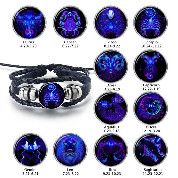 12 constelação trançado pulseira de couro zodíaco sinal câncer preto leo virgo libra tecido cúpula jóias punk homens