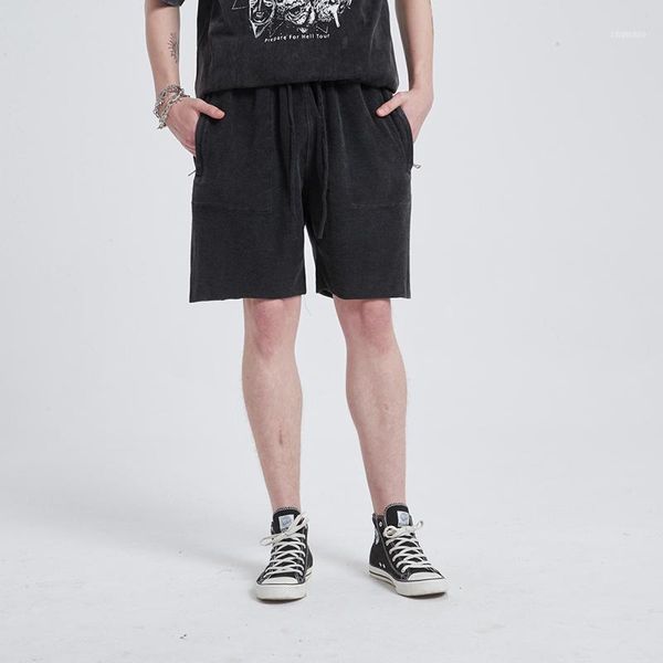 

original washed retro frayed casual shorts elastic wasit straight summer harajuku streetwear above knee pants mens1, White;black