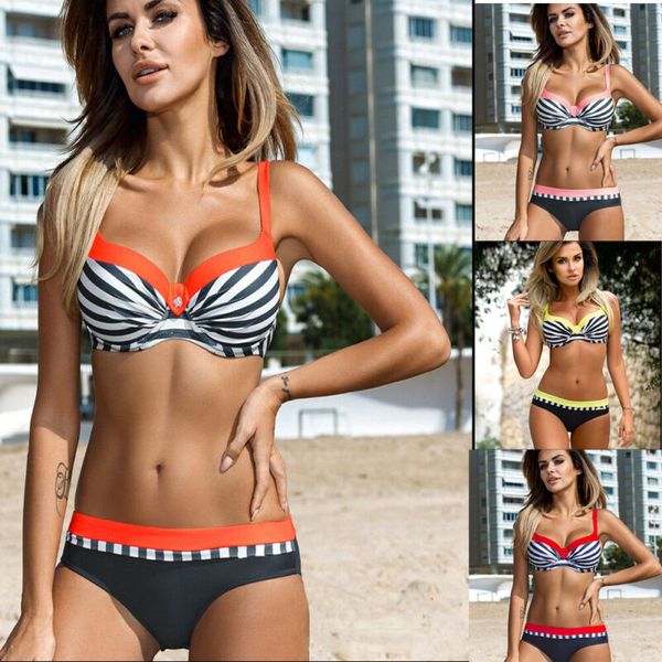 

ladies women casual fashion striped push up padded bikini sets beach bathing two-piece suits swimsuits swimwear, Black