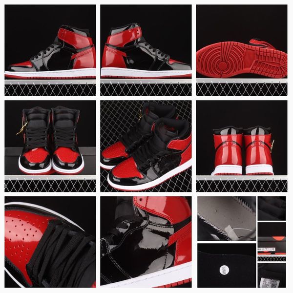 

2021 jumpman 1 high qg bred patent basketball shoes black red fashion mens and womens casual sneaker size 36~45 555088-063