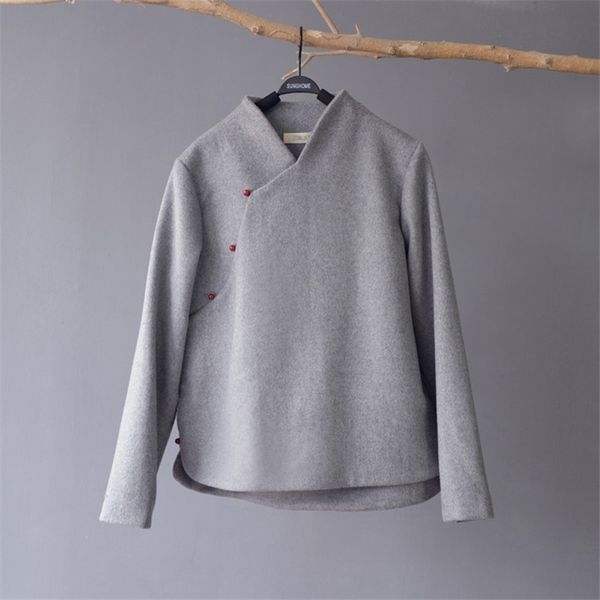 

scuwlinen winter coat women vintage chinese style stand collar long-sleeve jade buckle thick warm wool zen jacket s677, Black;brown
