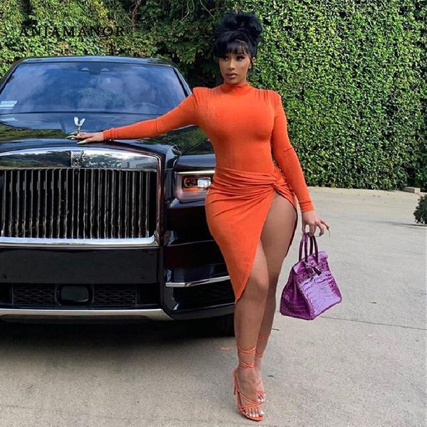 

casual dresses autumn orange long sleeve asymmetrical women fashion party club high split dress, Black;gray