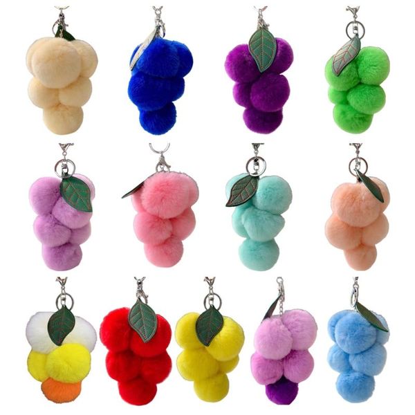 

keychains lovely grape pom poms fluffy pompoms keychain rex fur keyring car key chain pendant accessories, Silver