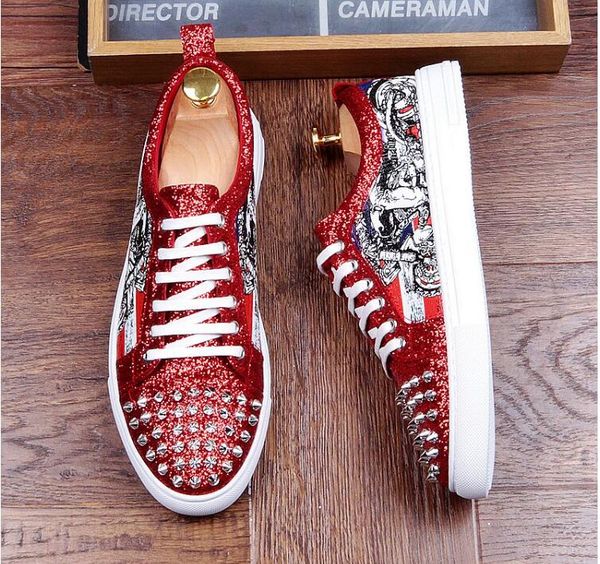 

fashion men designer sequins rivets print casual design shoes 2018 men flats chiffon dress loafers footwear mens wedding shoes, Black