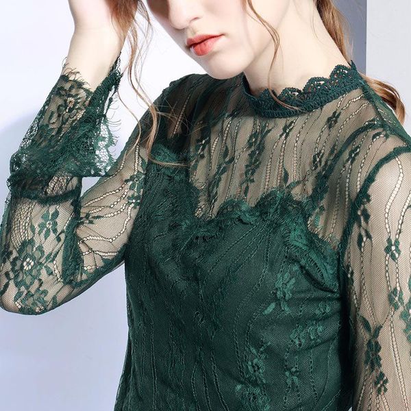 

women's t-shirt spring 2021 flared sleeve with fake two stand collar lace, White