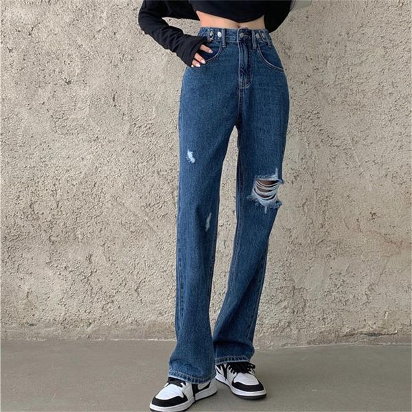 

women's jeans alien kitty hole fashion pants streetwear denim plus size high waist ol women jeanswear loose straight autumn trousers, Blue