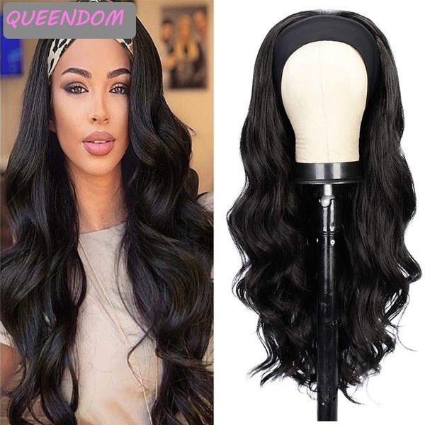 

long wavy womens head band wig 26 inch natural black body wave headwraps wig heat resistant synthetic cosplay wigs with turban