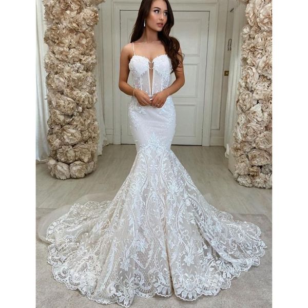 

v neck wedding dress backless appliqued bride dresses mermaid elegant lace bridal gowns 2021, White