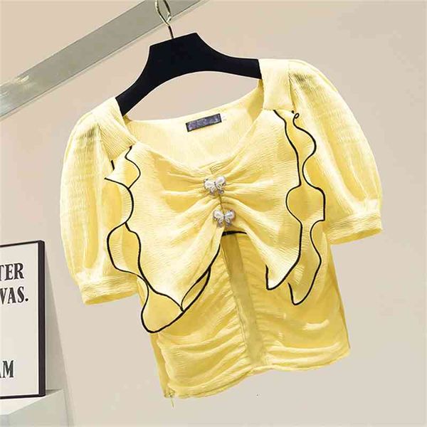 

women's knits & tees fashion patchwork beading big bows collar sleeve short women blouses straight shirts shirt summer cropped top, White