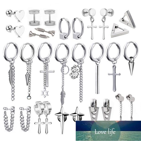 

1 pair stainless steel stud earrings for men/women cross pendant long tassel hoop earrings punk gothic metal jewelry, Silver