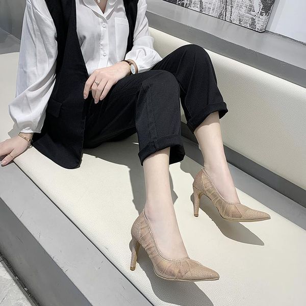 

dress shoes shallow pumps women lace breathable pointed toe high heels summer elegant stiletto 2021 evening, Black