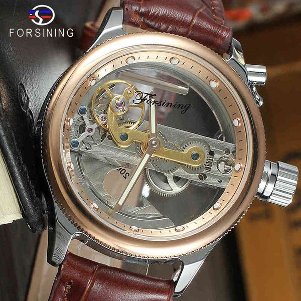 

transparent brown leather belt refining steampunk classic modern design mens automatic skeleton clocks brand luxury, Slivery;brown
