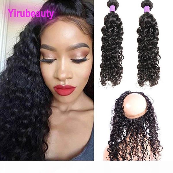 

peruvian virgin hair unprocessed 2 bundles with 360 lace frontal baby hair extensions water wave bundles with frontal wet and wavy 3pcs lot, Black;brown
