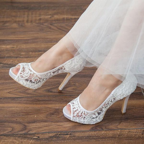 

dress shoes 2021 fashion women white high heels woman thin heel platform peep-toe hollow sandals lace bride wedding plus 41, Black