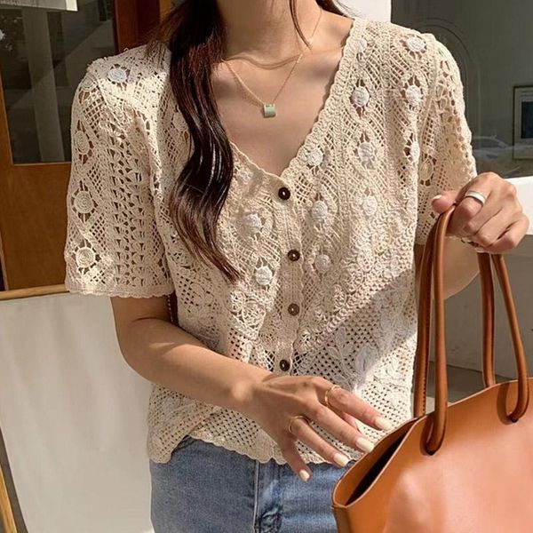

women's blouses & shirts 2021 korean hit color plum blossom v-neck hollow out floral crochet short sleeve cardigan shirt women lace blo, White