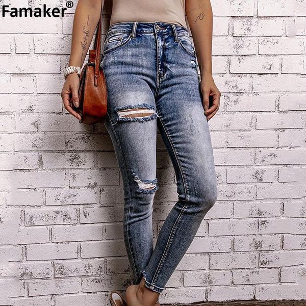 

women's jeans famaker hole y2k slim mom pencil women vintage full length boyfriend denim pants streetwear trousers pantalones, Blue