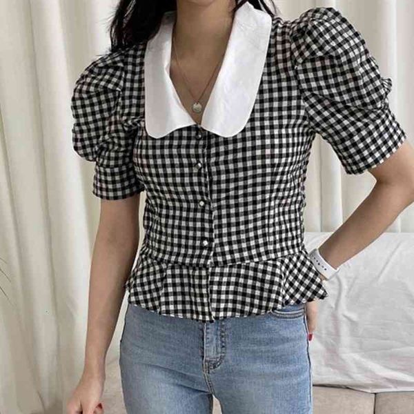 

women's knits & tees summer plaid all-match gentle sweet peter pan collar ladies shirt fashion korean thin elegant short-sleeved b, White