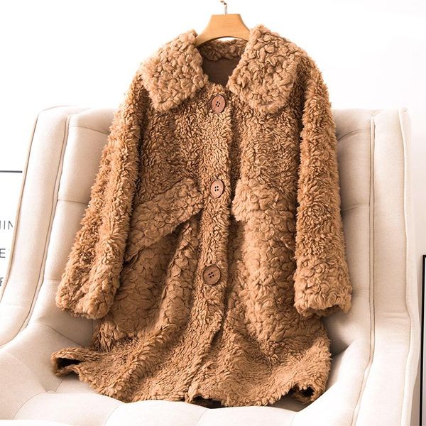 

winter coat women autumn clothes 2021 real fur coat female wool jacket korean vintage sheep shearling suede lining manteau femme, Black