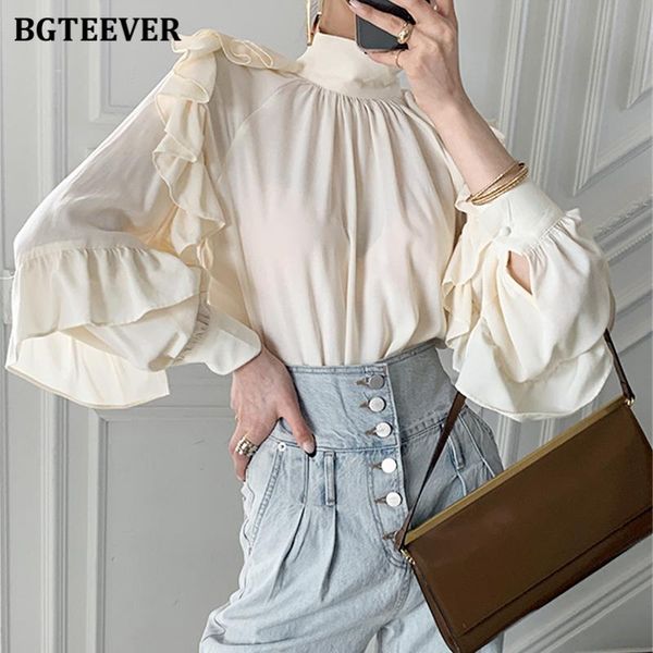 

women's blouses & shirts bgteever chic stand collar women 2021 autumn vintage loose full sleeve ruffles female solid ladies blusas, White