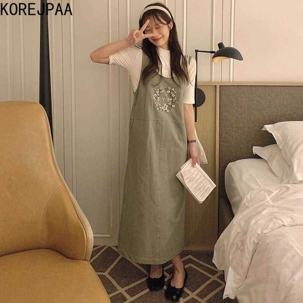 

korejpaa women set summer korean chic female gentle fresh embroidered garland suspender skirt round neck bottoming t-shirt 210526, White