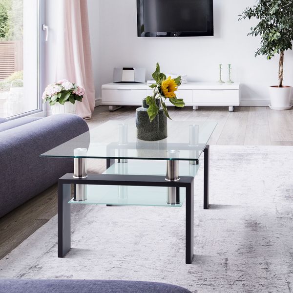 

living room furniture arc shaped two tiers tempered 2-layer glass coffee side table