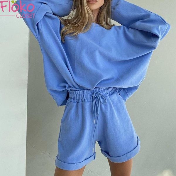 

women's tracksuits flokocloset solid colortracksuits two piece sets women long sleeve hooded pullovers and shorts pants 2 set outfits, Gray