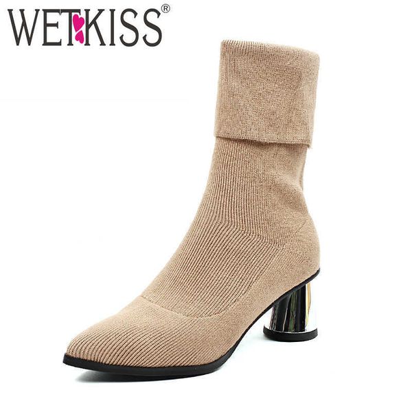 

wetkiss thick high heels women boots stretch sock boot pointed toe shoes lady shoes autumn spike heels footwear 210630, Black