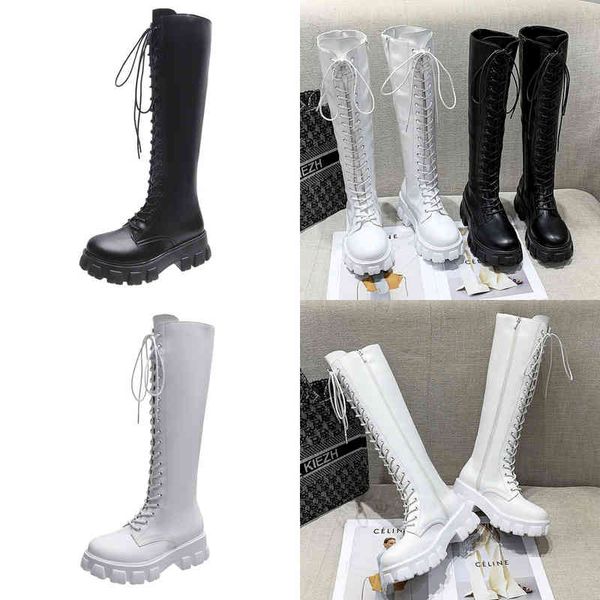 

boot 2022 new thicken winter knight boots women knee high long square heel retro lace up motorcycle black white botas mujer 2212
