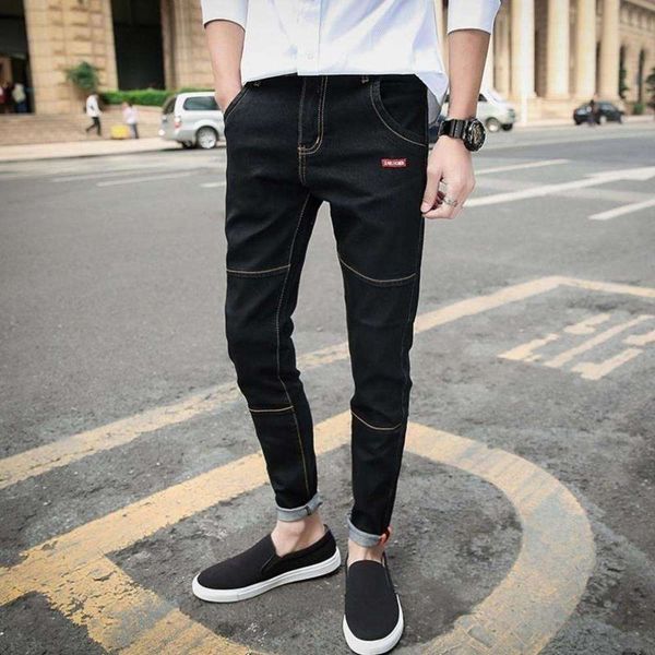 

jeans slim leggings korean fashion men's casual black quarter pants student hole harlan, Blue